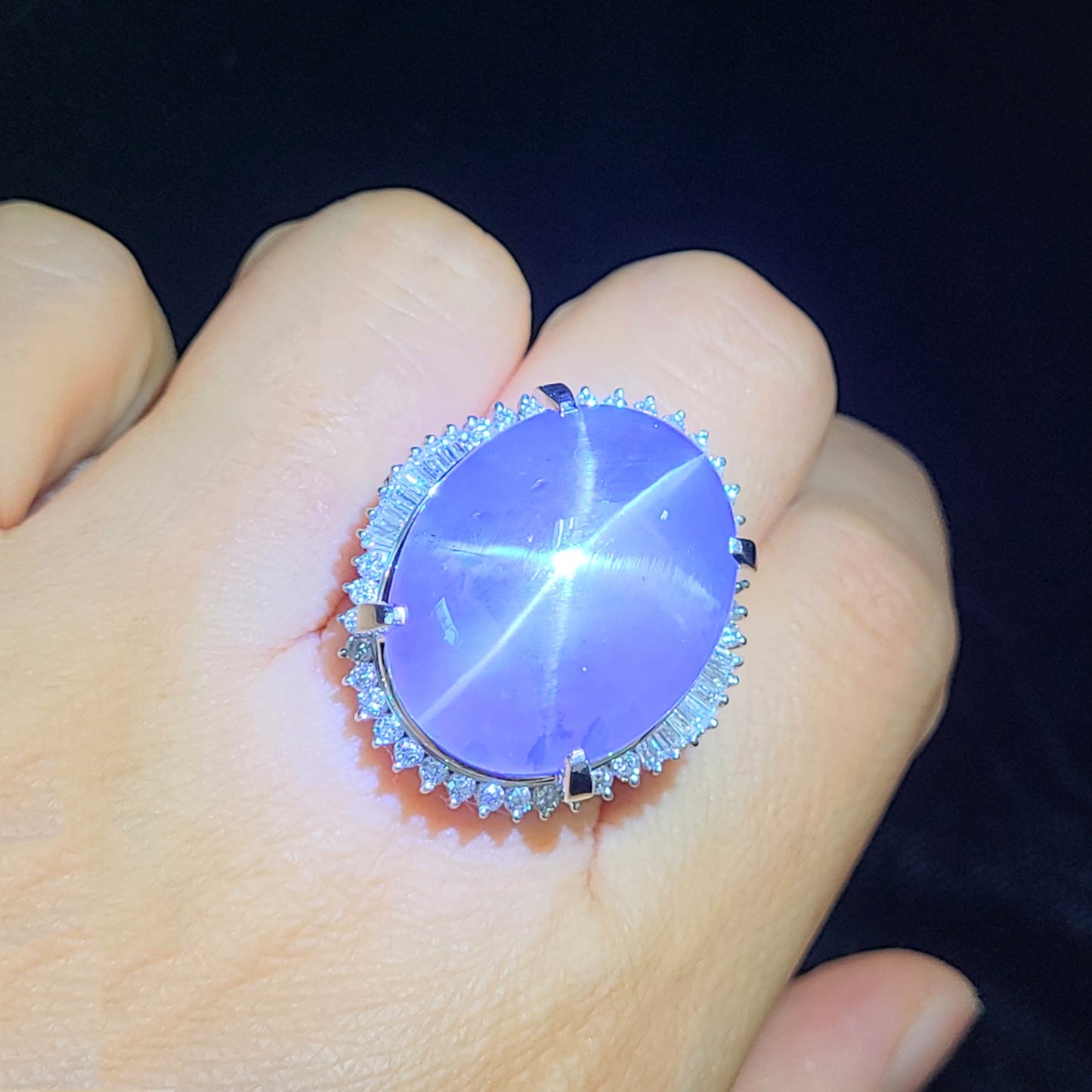 Unheated! Super extra large! 65.56ct Natural Star Sapphire Diamond Platinum Pt900 Ringidentification reportWith