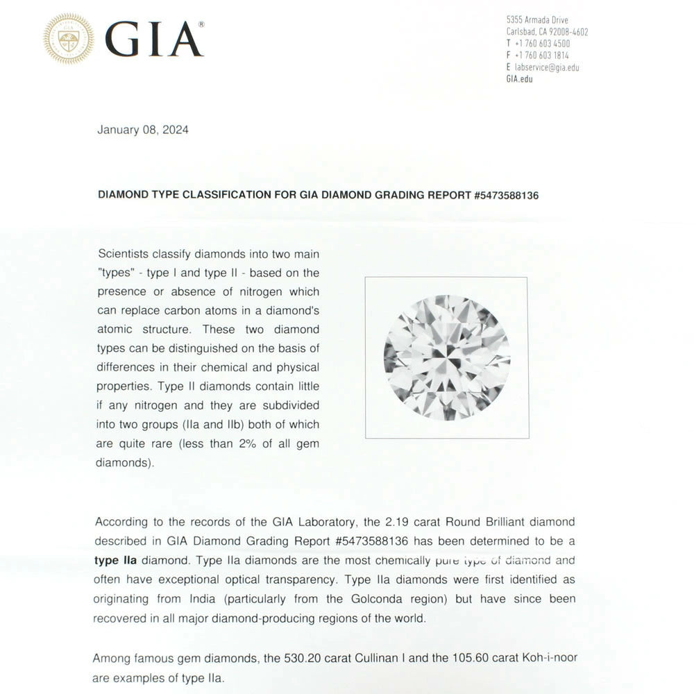 GIA 감정서 첨부】세계 최고 품질! 퍼펙트 천연 다이아몬드 2.19ct D 컬러 Flawless 3EX TYPE2A 라운드 브릴리언트 컷 루즈