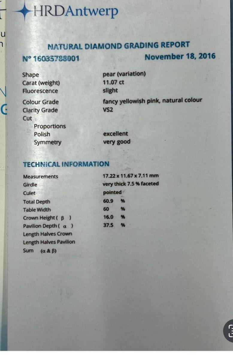 초대형 11ct UP 천연 핑크 다이아몬드 VS 페어 쉐이프 K18 WG 반지 18K 화이트 골드 반지 4월생일 스톤