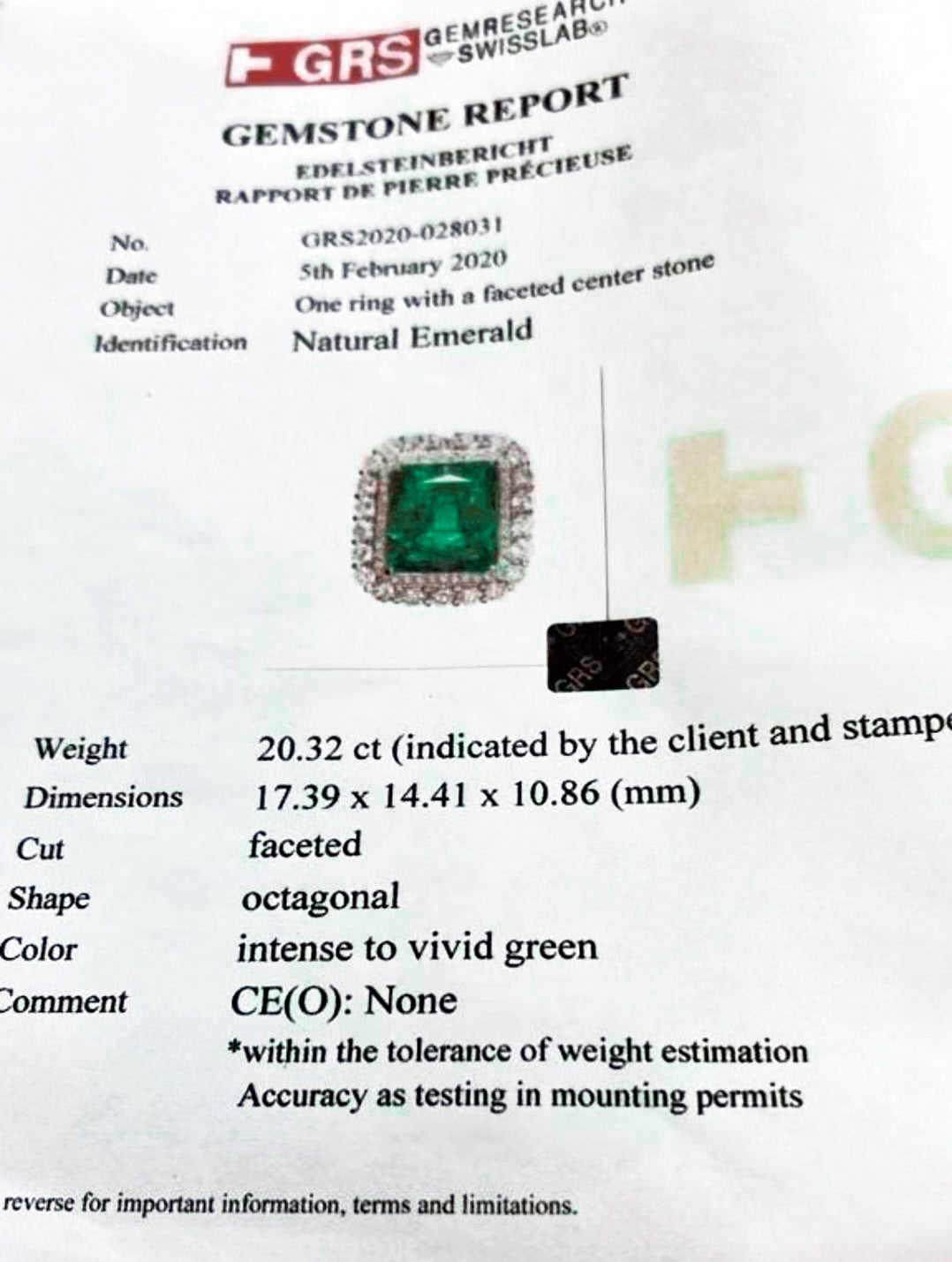 ノンオイル コロンビア産 20.32ct 天然エメラルド 3.87ct 天然ダイヤモンド プラチナ Pt900 リング 指輪【GRS鑑別書付】