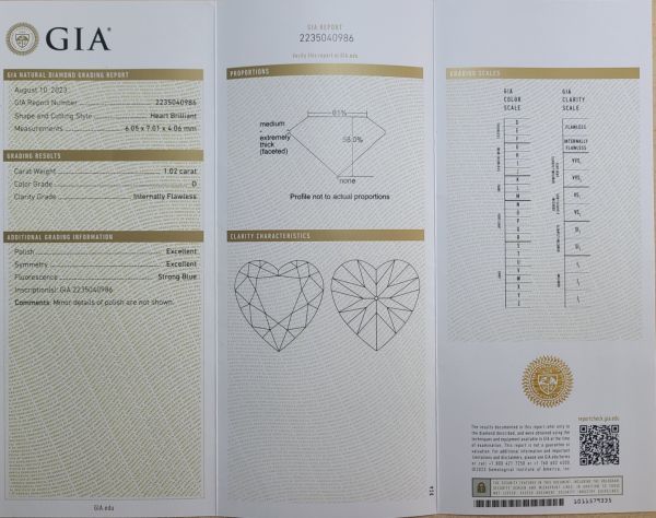 1.02ct D IF 2EX 天然 ダイヤモンド ルース ハートシェイプ【GIA鑑定書付き】