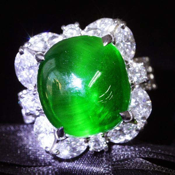 世界的希少 21ct 天然 デマントイド ガーネット キャッツアイ 3.9ct 天然 ダイヤモンド Pt900 プラチナ リング 指輪【中央宝石研究所鑑別書付】