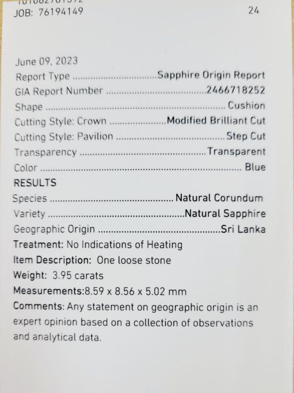 スリランカ産 大粒 3.95ct 非加熱 天然サファイア 天然ダイヤモンド プラチナ PT900 リング 指輪 9月の誕生石 【GIA鑑別書付】