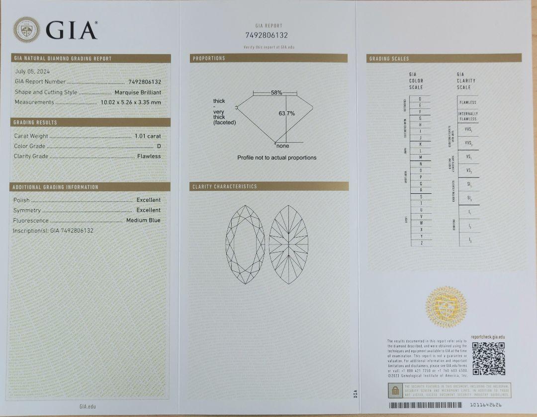 Pure and immaculate! Exquisite! 1.01ct D FL 2EX Natural Diamond Marquise Cut loose GIA grading reportWith GIA