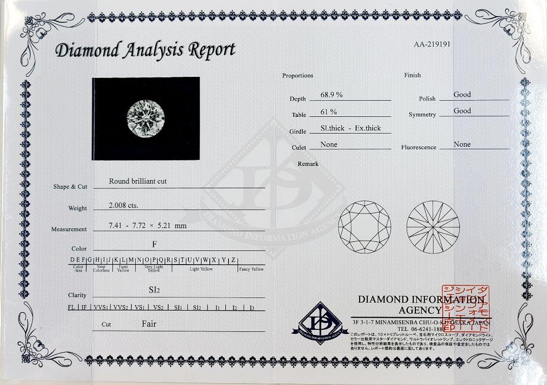 大粒!2.008ct Fカラー SI2 天然 ダイヤモンド プラチナ PT900 リング 指輪 【鑑定書付】