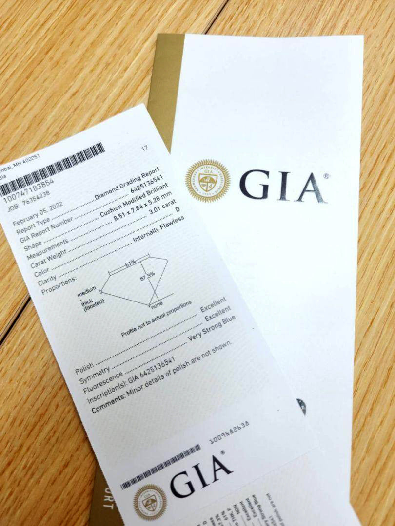 3.01ct Dカラー IF 2EX 天然 ダイヤモンド クッション ブリリアントカット ルース 【GIA鑑定書付】