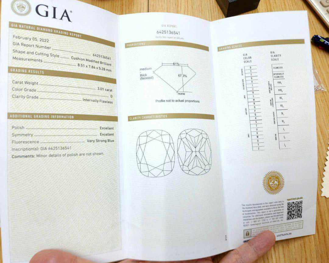 3.01ct Dカラー IF 2EX 天然 ダイヤモンド クッション ブリリアントカット ルース 【GIA鑑定書付】