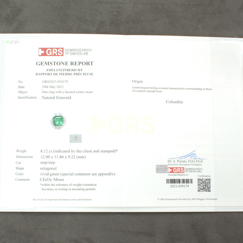 세계 최고 품질의 MZO Colombian Vivid Green 8ct Up Emerald PT900 플래티넘 링 링 [GRS MILERIC with with with with with with with with