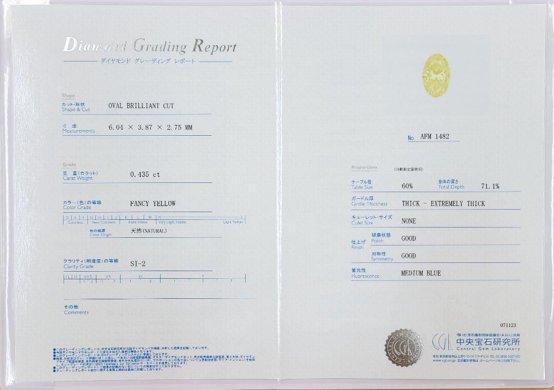 ファンシーイエロー ダイヤモンド オーバル Pt900 プラチナ リング 指輪 4月の誕生石 【中央宝石研究所鑑定書付】