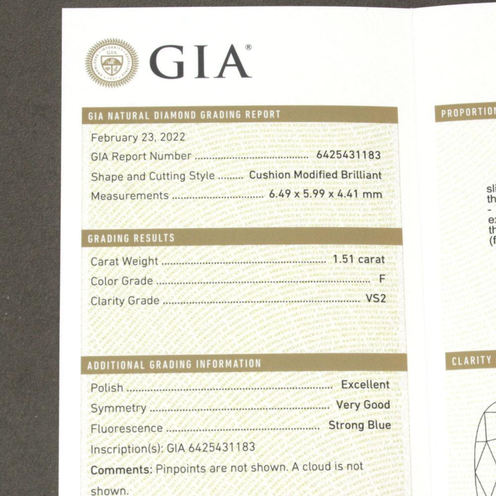1.51ct F VS-2 クッションカット 天然 ダイヤモンド ルース 【 GIA 鑑定書付】