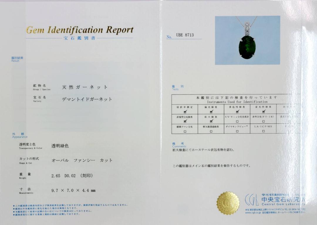 希少 2.65ct デマントイドガーネット ダイヤモンド K18 WG ホワイトゴールド ペンダント ネックレス 18金 【鑑別書付】