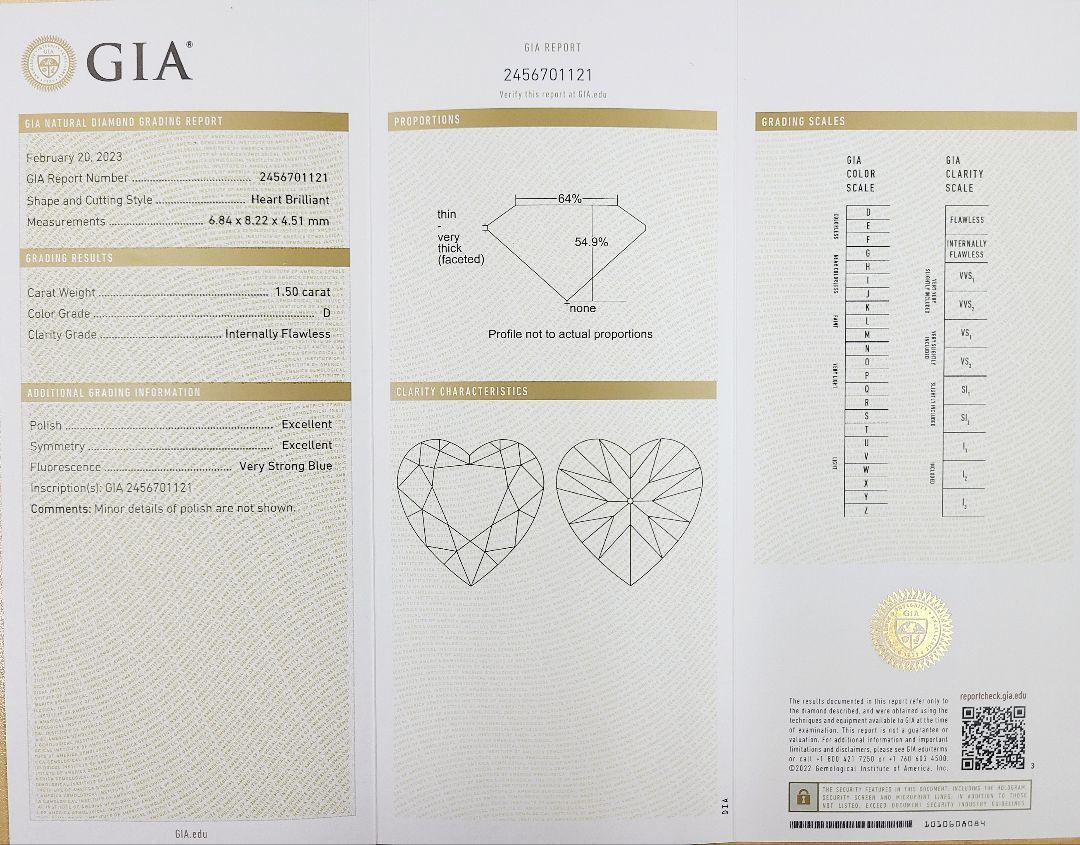 世界最高品質 1.5ct D IF 2EX ハート 天然 ダイヤモンド ルース 【 GIA 鑑定書付 】