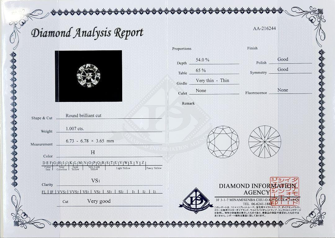 虹テリ! 1ct H VS1 ダイヤモンド K18 WG ホワイトゴールド リング 指輪 4月の誕生石 18金 【鑑定書付】
