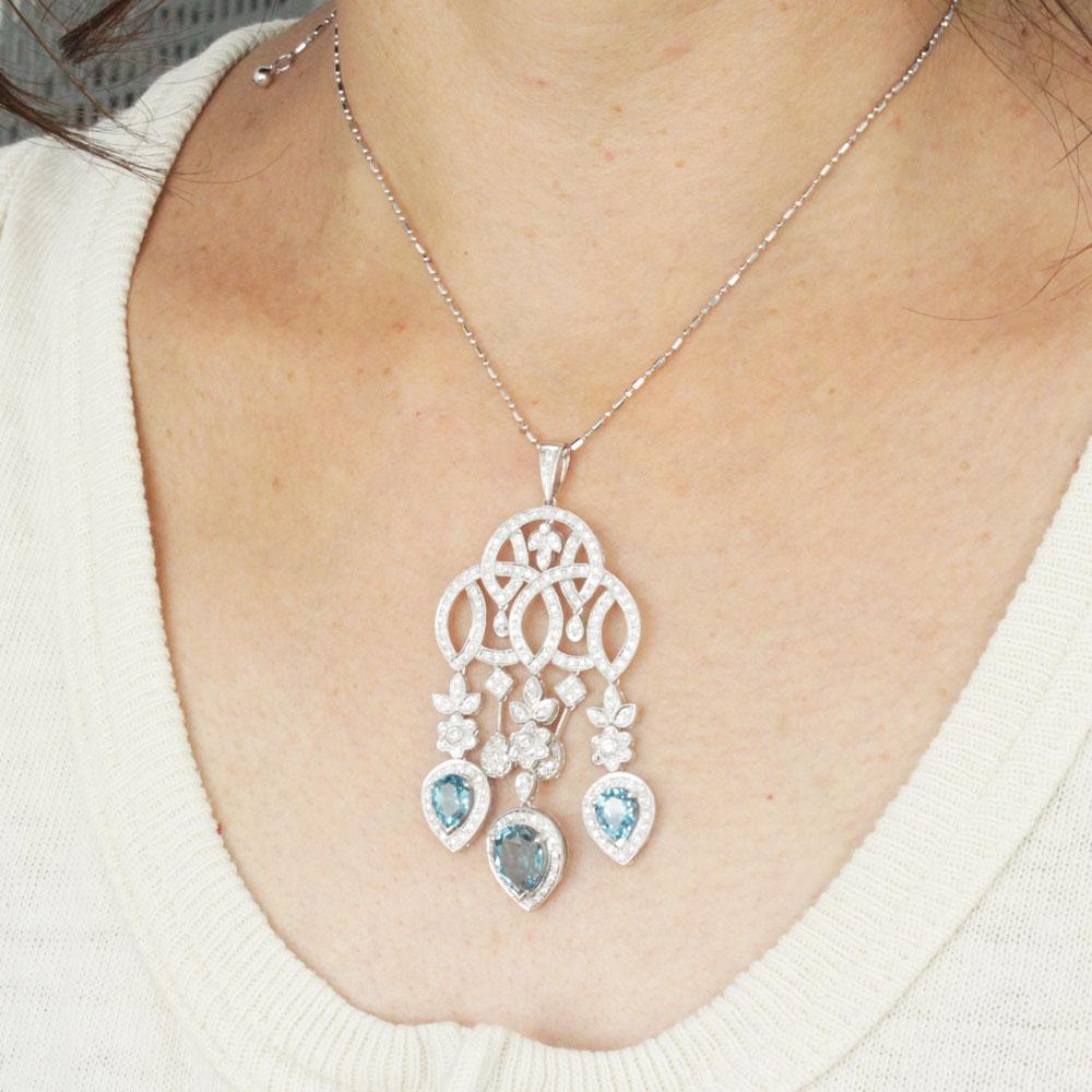 6ct ペアシェイプ ブルートパーズ ダイヤモンド K18 WG ホワイトゴールド シャンデリア ペンダント ネックレス 11月の誕生石 18金 【鑑別書付】