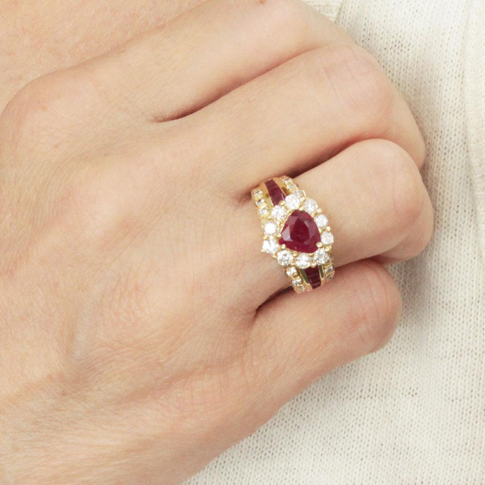 オシャレ 1.52ct ルビー 1ct ダイヤモンド K18 YG イエローゴールド リング 指輪 7月の誕生石 18金 【鑑別書付】