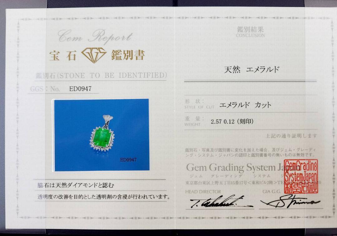 コロンビア産 2.57ct エメラルド ダイヤモンド Pt900 プラチナ ペンダント ネックレス 5月の誕生石 【鑑別書付】
