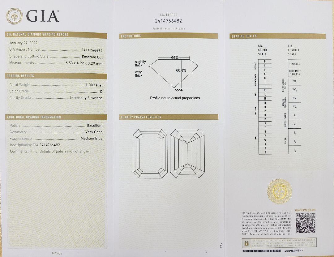 D IF EX 1ct ダイヤモンド エメラルドカット K18 WG ホワイトゴールド リング 指輪 4月の誕生石 18金 【 GIA 鑑定書付 】
