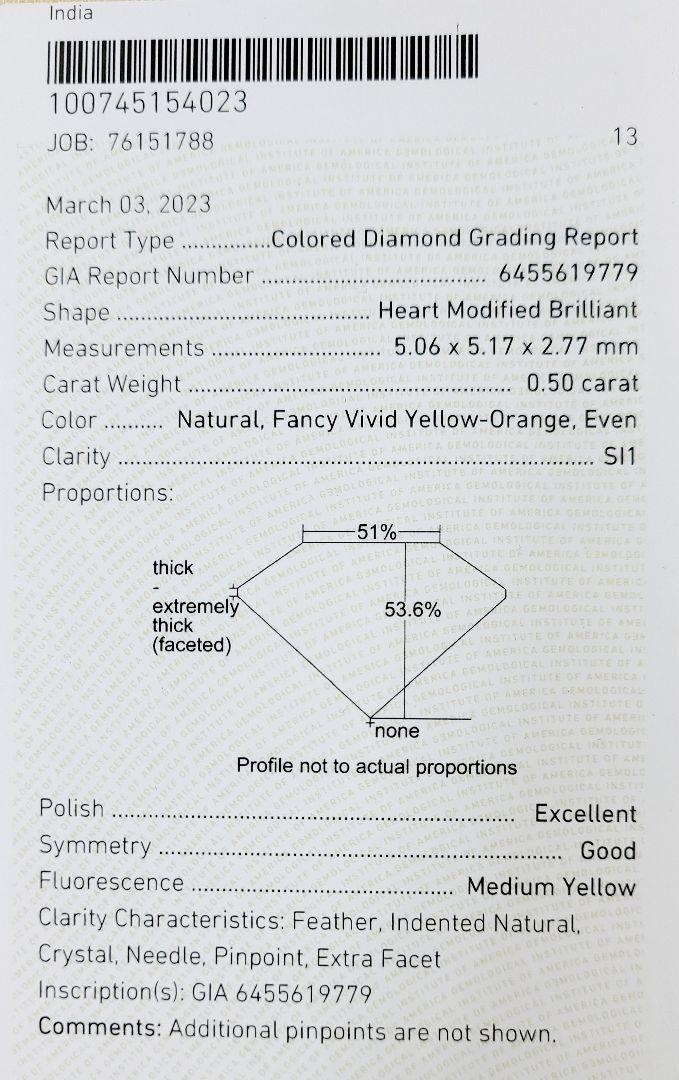 The finest! GIA grading report0.5ct Yellow Orange Diamond Heart loose Naked stone FANCY VIVID YELLOW ORANGE