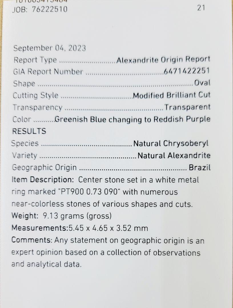 超希少 ブラジル産 アレキサンドライト 0.73ct Pt900 プラチナ リング 指輪 6月誕生石 【 GIA 鑑別書付】