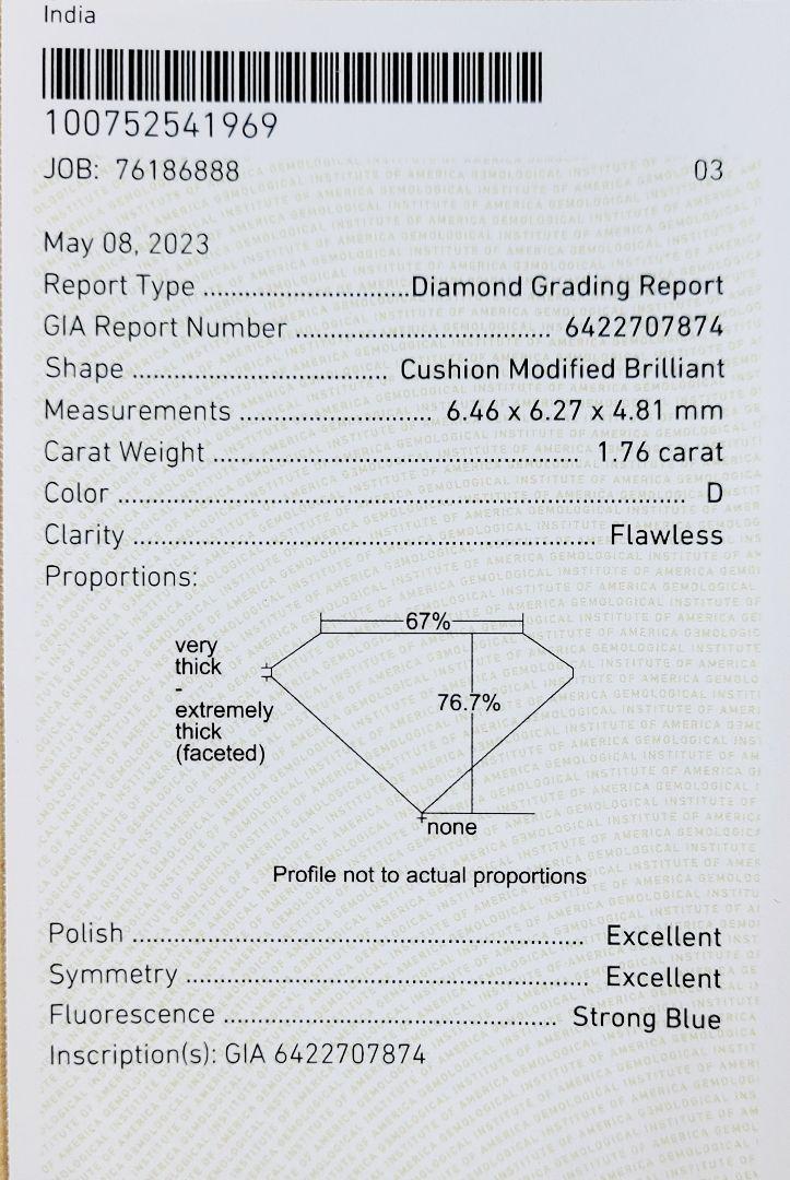 GIA最高品質! 1.76ct D FL 2EX ダイヤモンド クッションカット ルース 【 GIA 鑑定書付】