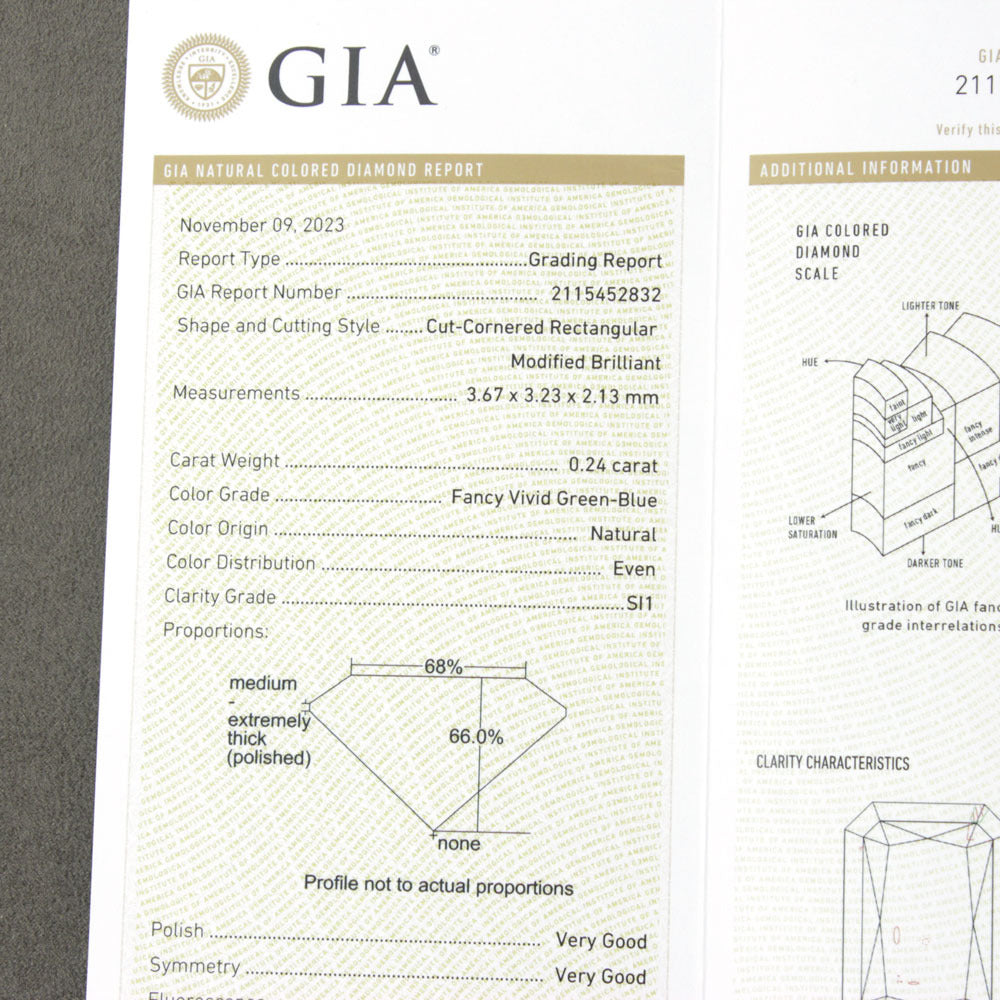 GIA最高 Fancy Vivid Green-Blue 0.24ct 天然 ダイヤモンド ルース レクタングルカット 【 GIA 鑑定書付】