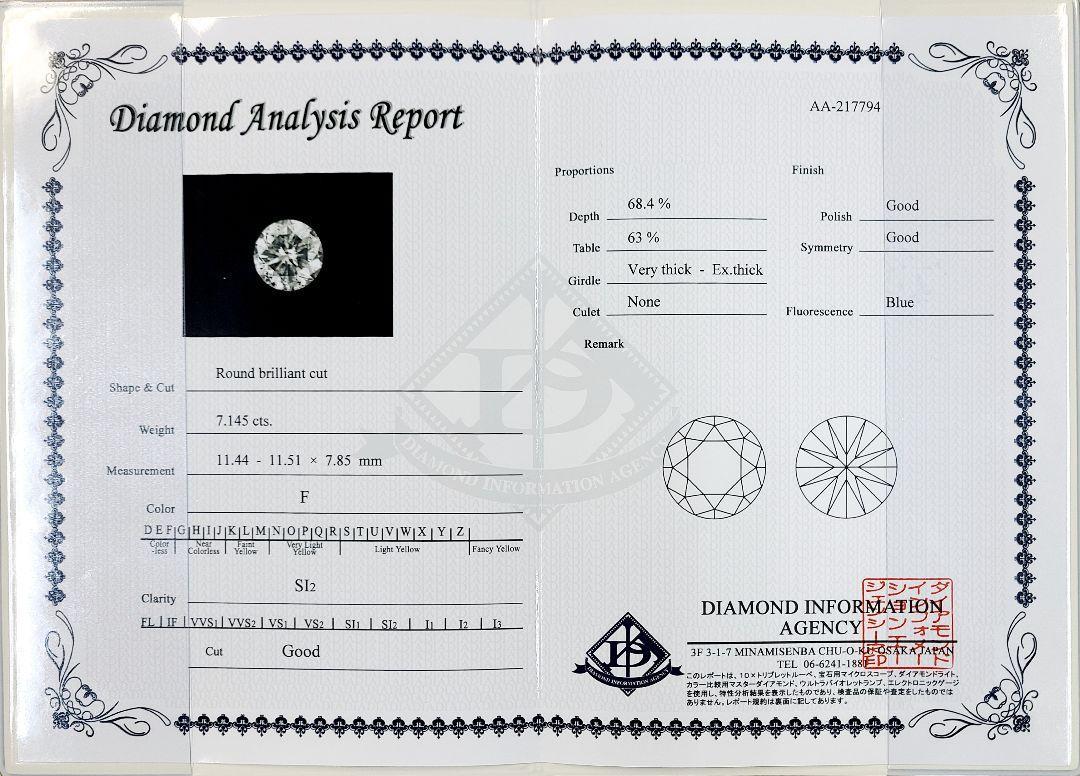 大粒! 7.145ct 天然 ダイヤモンド Fカラー SI GOOD プラチナ Pt900 リング 指輪 4月誕生石 【鑑定書付】
