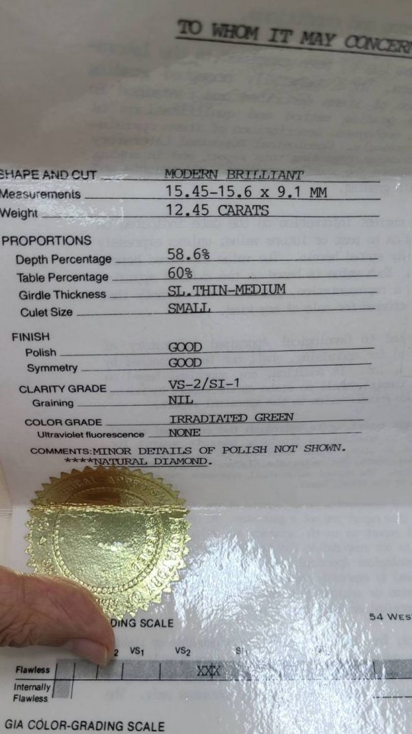 超希少! 大粒 12.45ct VS IRRADIATED GREEN 天然ダイヤモンド ルース 【鑑定書付】