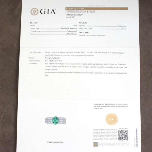 ブラジル産 ネオンカラー 1.5ct 天然 パライバトルマリン 天然 ダイヤモンド Pt900 プラチナ リング 指輪 【GIA鑑別書付】