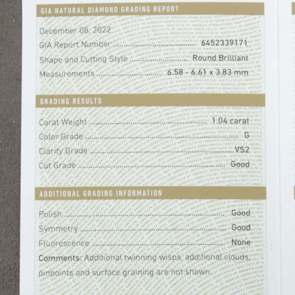 1.04ct Gカラー VS-2 GOOD 天然 ダイヤモンド ルース ラウンドブリリアントカット 【GIA鑑定書付】