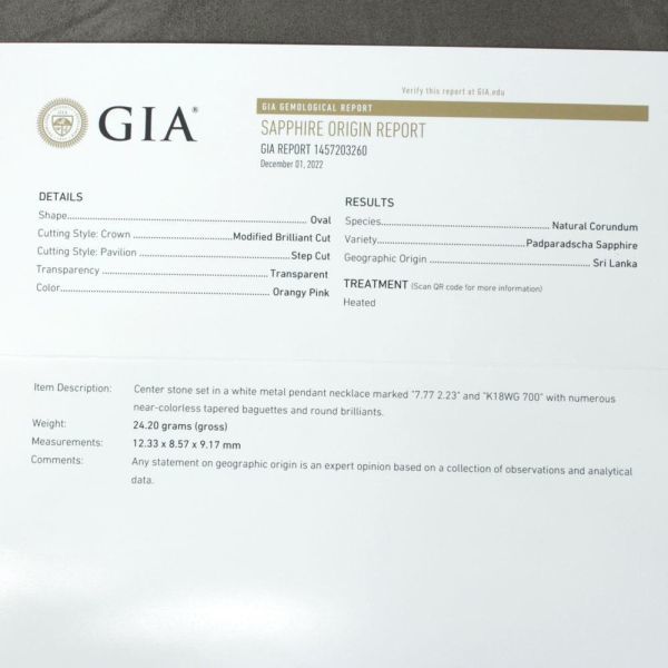 7.77ct 天然 パパラチア サファイア 天然 ダイヤモンド K18 WG ホワイトゴールド ペンダント テニス ネックレス 18金 【GIA鑑別書付】