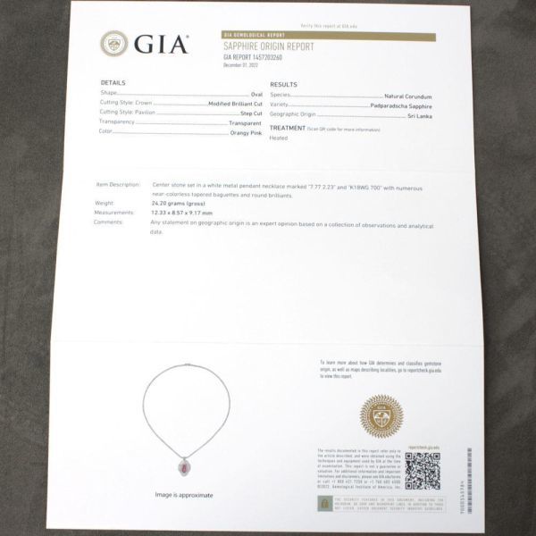 7.77ct 天然 パパラチア サファイア 天然 ダイヤモンド K18 WG ホワイトゴールド ペンダント テニス ネックレス 18金 【GIA鑑別書付】