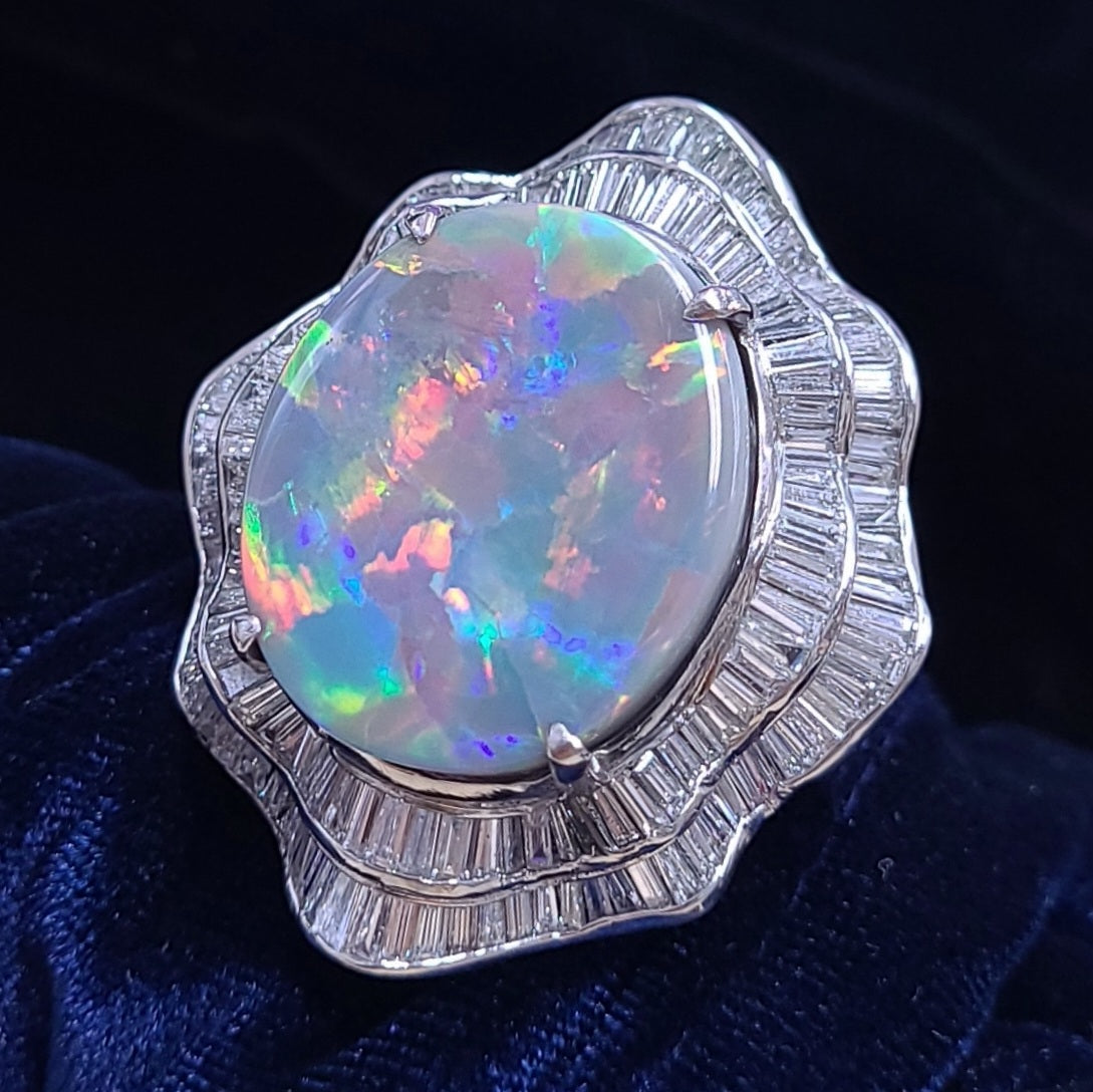 奇跡の最高品質！超希少大粒！ オーロラフラッシュ！ オーストラリア産 21.15ct 天然 ブラックオパール プラチナ Pt900 リング 指輪【鑑別書付】