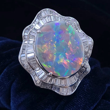 奇跡の最高品質！超希少大粒！ オーロラフラッシュ！ オーストラリア産 21.15ct 天然 ブラックオパール プラチナ Pt900 リング 指輪【鑑別書付】