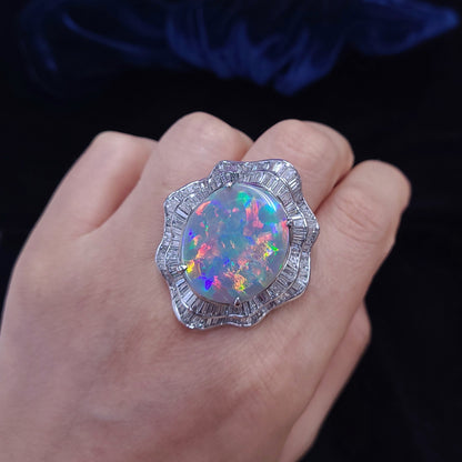 奇跡の最高品質！超希少大粒！ オーロラフラッシュ！ オーストラリア産 21.15ct 天然 ブラックオパール プラチナ Pt900 リング 指輪【鑑別書付】