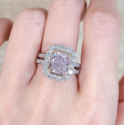 奇跡の色彩 3.07ct 天然ピンクダイヤモンド Fancy Purplish Pink ラディアントカット プラチナPt900・18金（K18YGイエローゴールド) リング 【中央宝石研究所ソーティング付】
