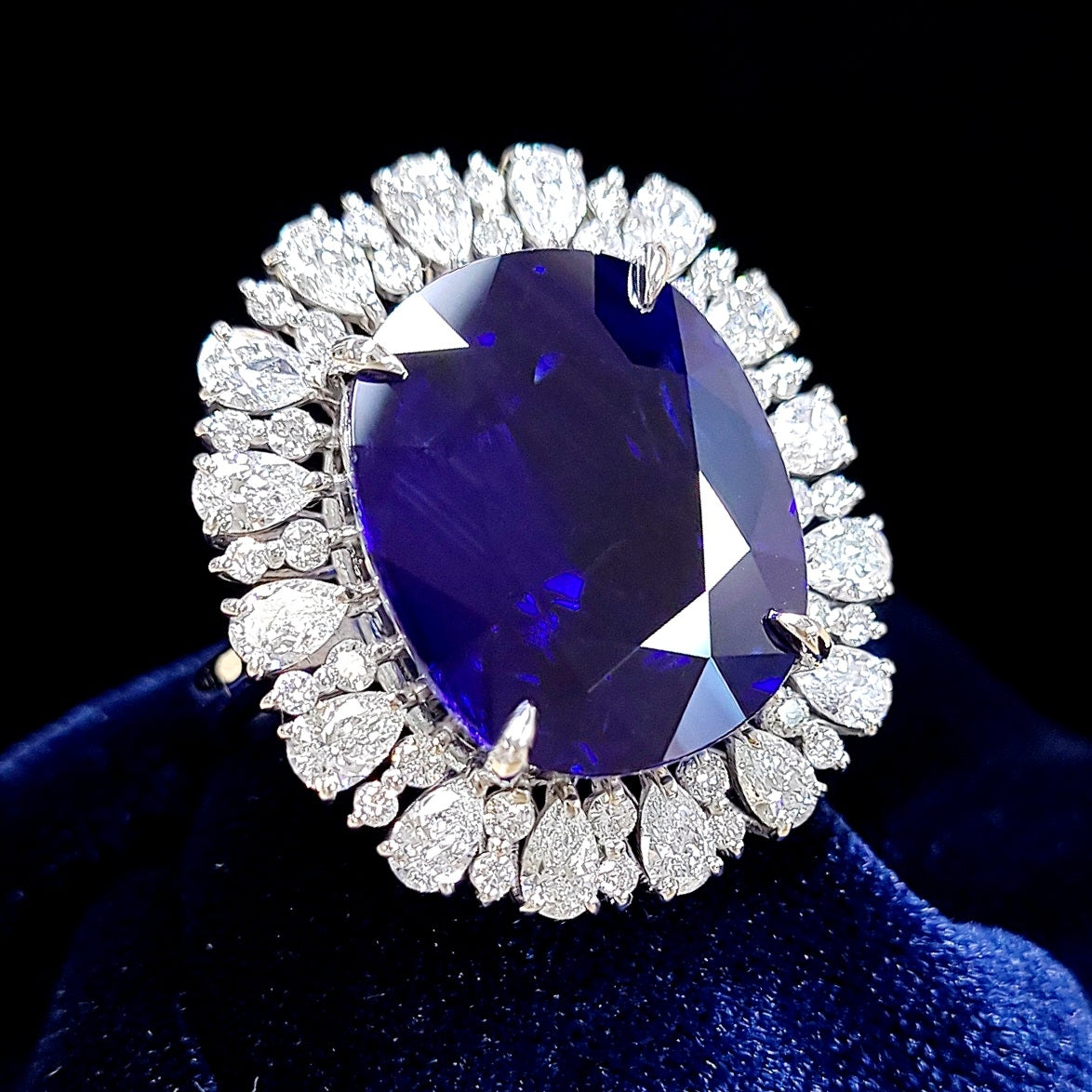 Royal Dignity! 17.38ct Sri Lankan Royal Blue Natural Sapphire 2.03ct Natural Diamond Platinum Pt900 Ring [with GUBELIN Certificate of Authenticity].
