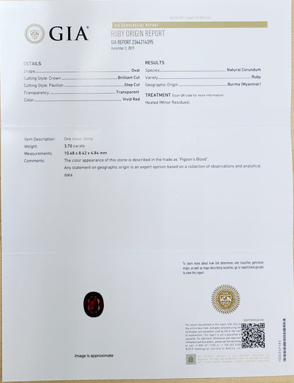 궁극의 색감 미얀마산 Vivid Red 3.70ct 피전 블러드 천연 루비 오벌 컷 루즈 [GIA감정서 포함].