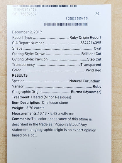 궁극의 색감 미얀마산 Vivid Red 3.70ct 피전 블러드 천연 루비 오벌 컷 루즈 [GIA감정서 포함].