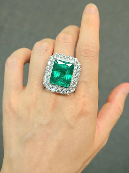 ノンオイル コロンビア産 20.32ct 天然エメラルド 3.87ct 天然ダイヤモンド プラチナ Pt900 リング 指輪【GRS鑑別書付】