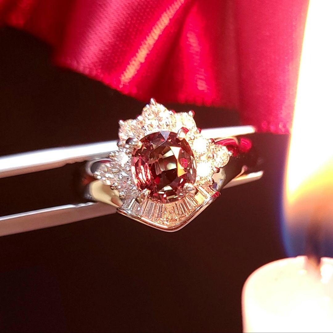 색상 격변] 1.09ct 천연 알렉산드라이트 0.51ct 다이아몬드 플래티넘 Pt900 반지 [보석 감별서 포함