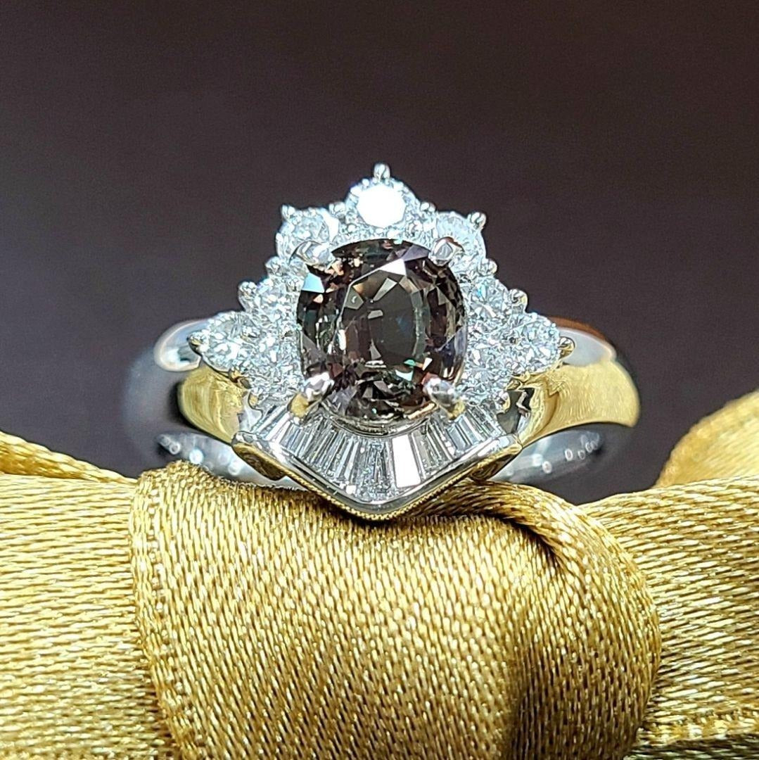 색상 격변] 1.09ct 천연 알렉산드라이트 0.51ct 다이아몬드 플래티넘 Pt900 반지 [보석 감별서 포함