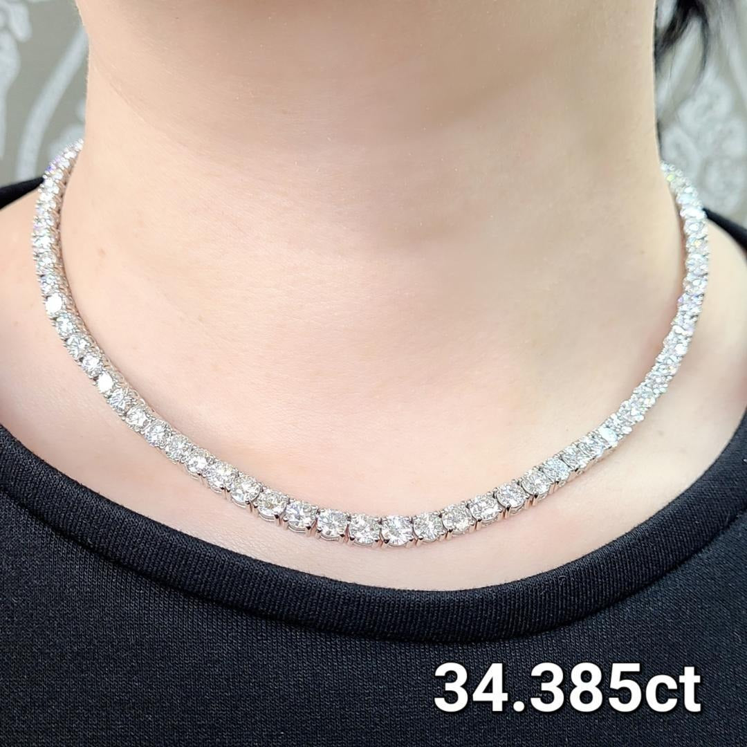 究極の輝き 34.385ct 天然ダイヤモンド VS-2 G〜Hカラー プラチナPt900 テニスネックレス【全石 中央宝石研究所ソーティング付】