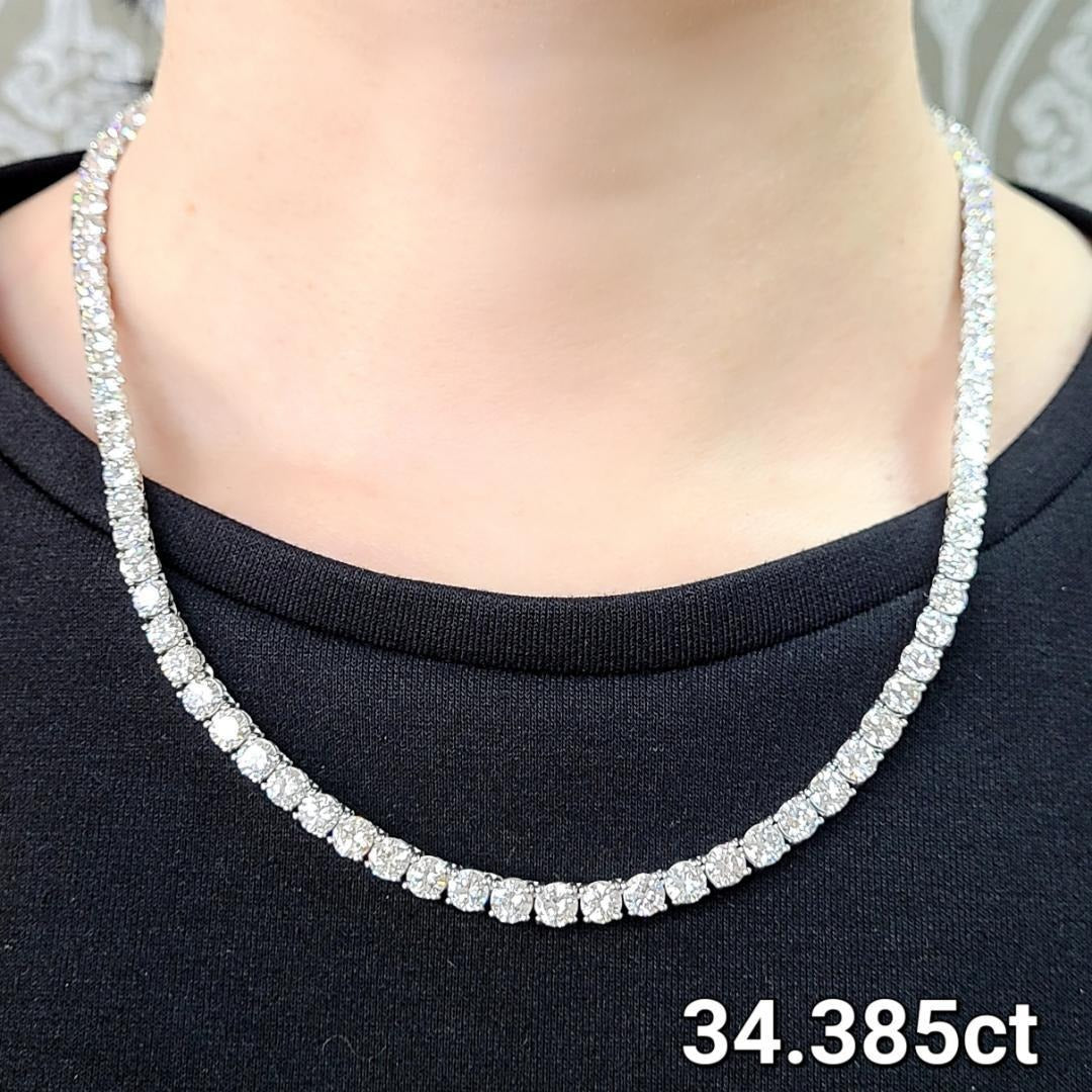 究極の輝き 34.385ct 天然ダイヤモンド VS-2 G〜Hカラー プラチナPt900 テニスネックレス【全石 中央宝石研究所ソーティング付】