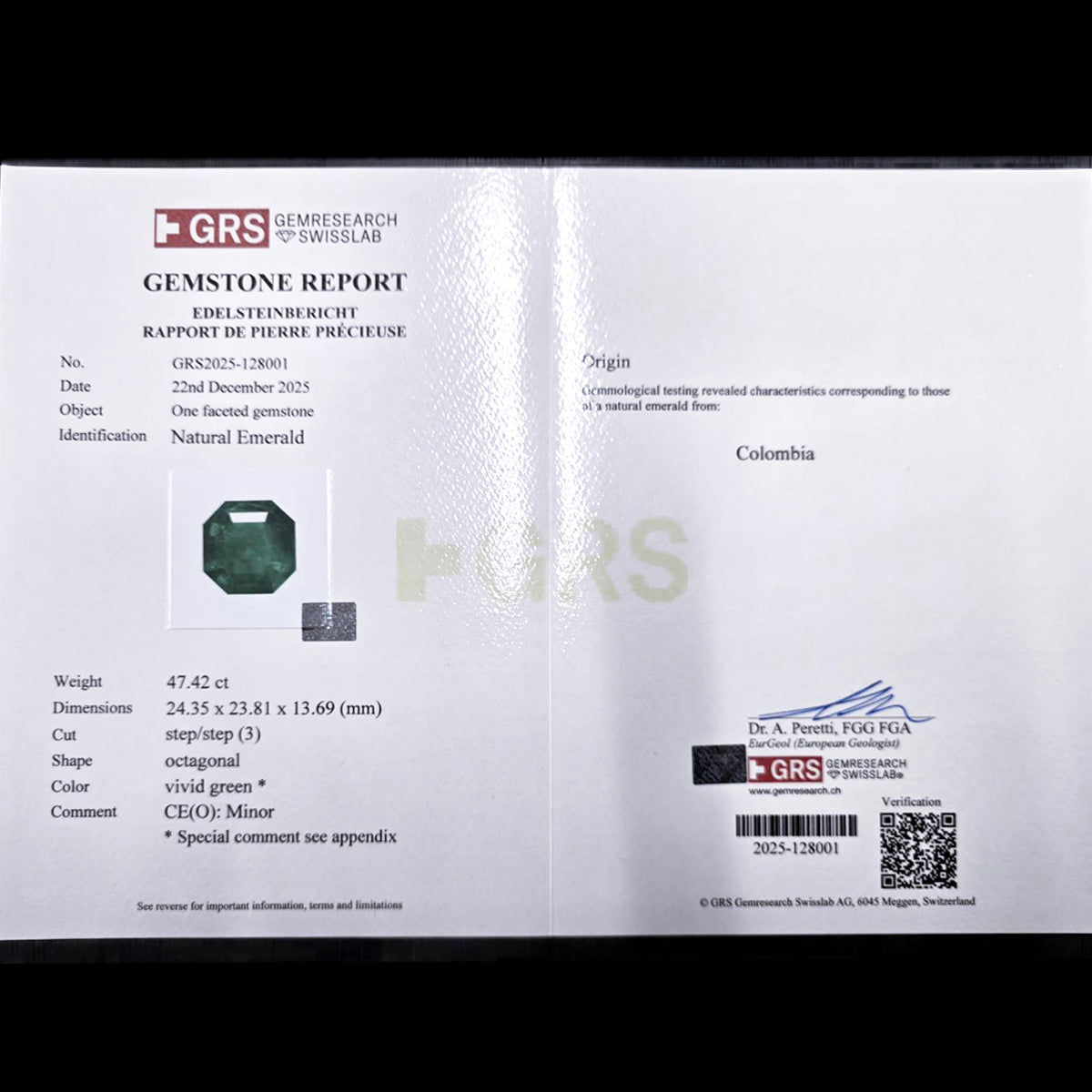 47.42ct 콜롬비아산 천연 에메랄드 루스 Muzo Green 마이너 인핸스먼트 [GRS 감별서 포함].