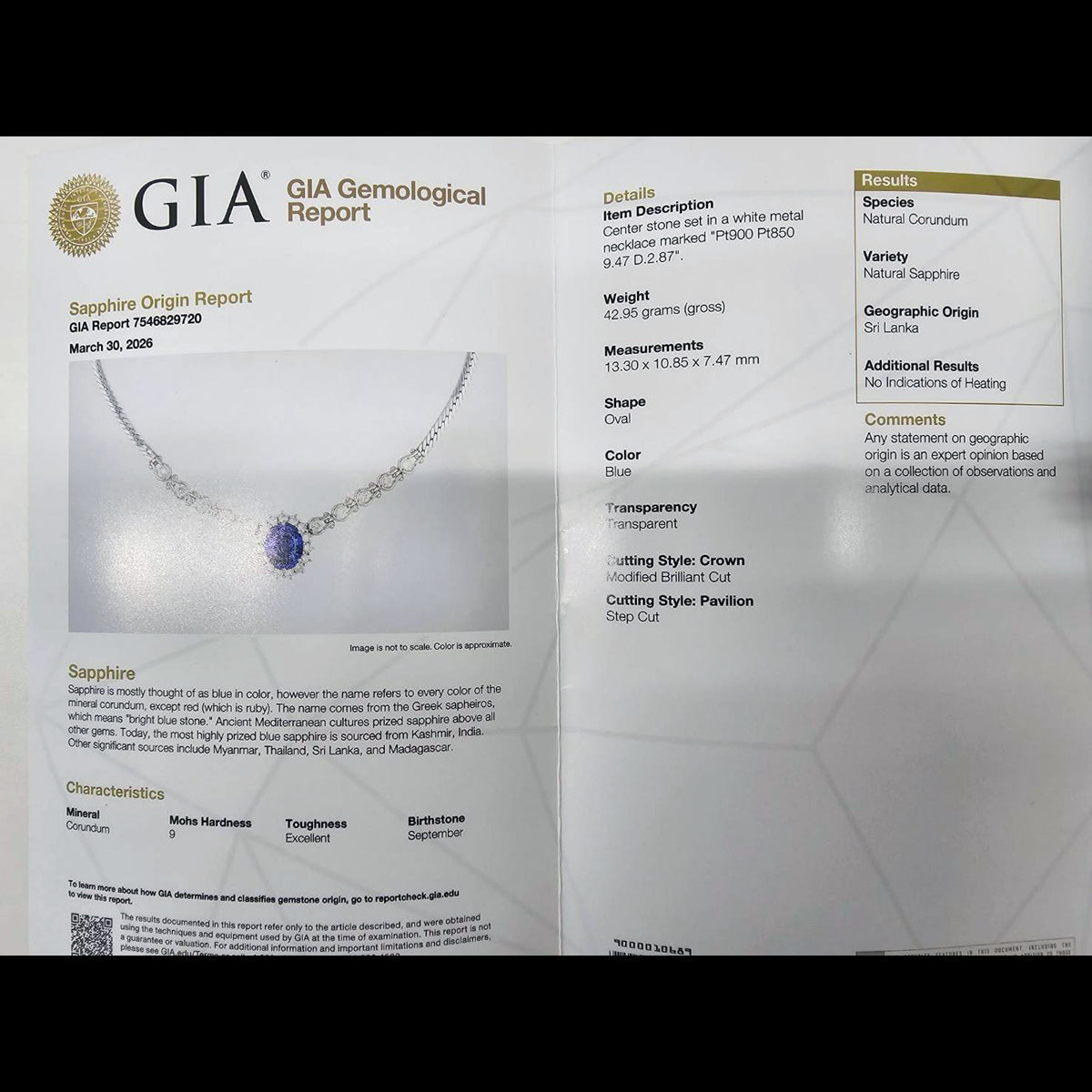 기적의 딥 블루】9.47ct 스리랑카 산 비 가열 사파이어 2.87ct 다이아몬드 플래티넘 Pt900 목걸이 [GIA 감별 첨부].