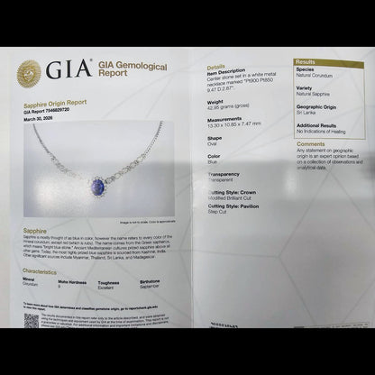 기적의 딥 블루】9.47ct 스리랑카 산 비 가열 사파이어 2.87ct 다이아몬드 플래티넘 Pt900 목걸이 [GIA 감별 첨부].