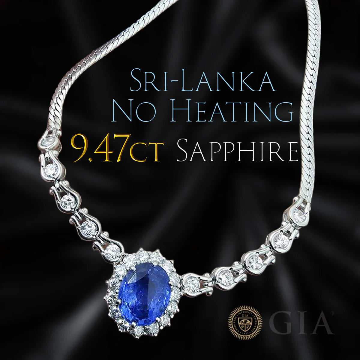 기적의 딥 블루】9.47ct 스리랑카 산 비 가열 사파이어 2.87ct 다이아몬드 플래티넘 Pt900 목걸이 [GIA 감별 첨부].