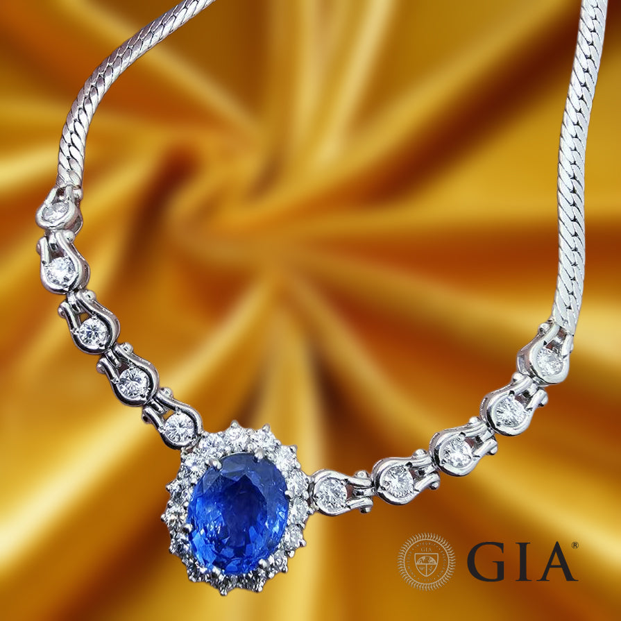 기적의 딥 블루】9.47ct 스리랑카 산 비 가열 사파이어 2.87ct 다이아몬드 플래티넘 Pt900 목걸이 [GIA 감별 첨부].