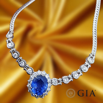 기적의 딥 블루】9.47ct 스리랑카 산 비 가열 사파이어 2.87ct 다이아몬드 플래티넘 Pt900 목걸이 [GIA 감별 첨부].