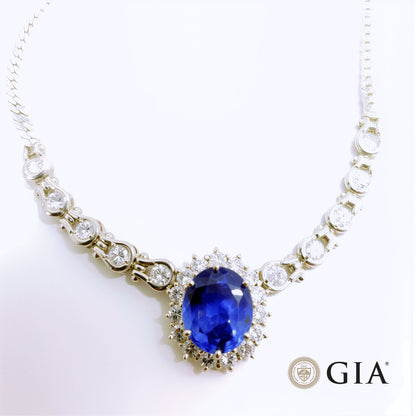 기적의 딥 블루】9.47ct 스리랑카 산 비 가열 사파이어 2.87ct 다이아몬드 플래티넘 Pt900 목걸이 [GIA 감별 첨부].